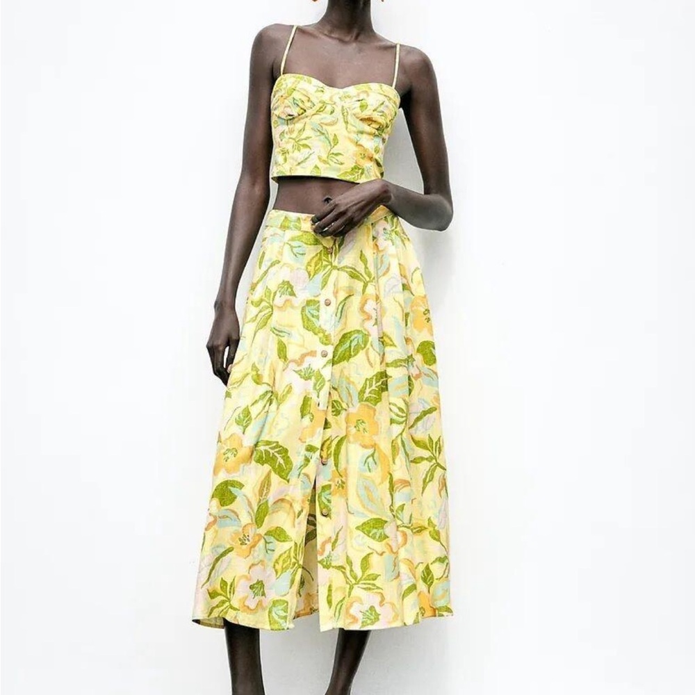 Zara Yellow Floral Midi Skirt & Top Set